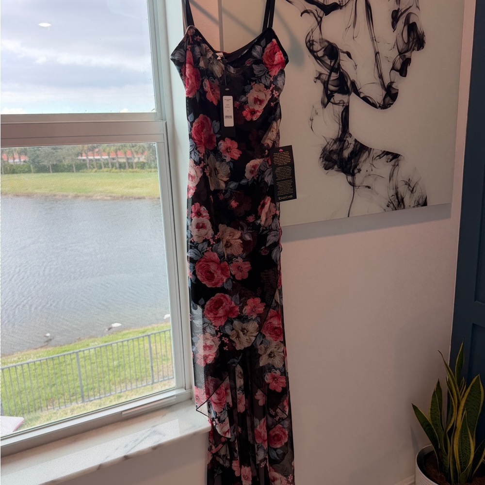 **NWT bebe Black and Pink Floral High Low Dress - Picture 6 of 7